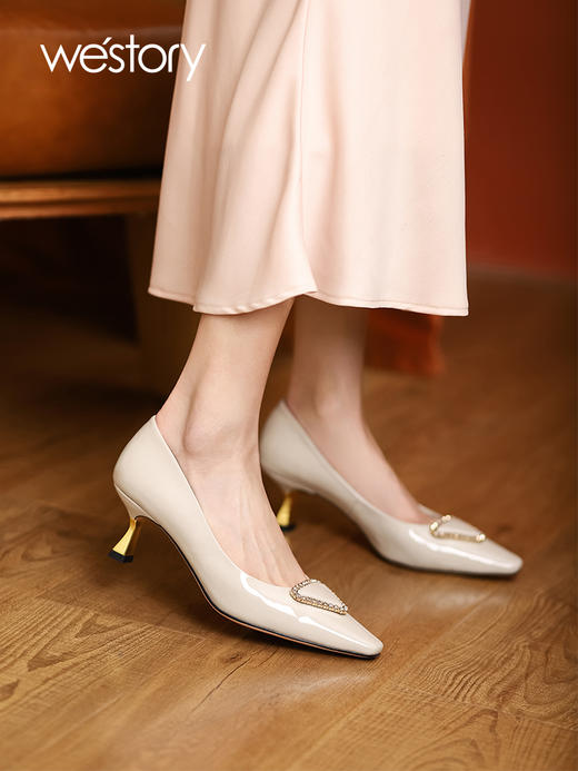 westory2022春季新款钻饰真皮法式高跟鞋方头细跟质感单鞋W22AE53821 商品图6