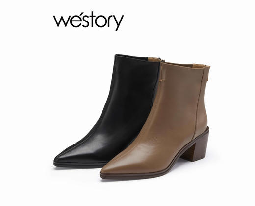 westory22年秋冬新款尖头短靴复古休闲大气质感粗跟靴82201 商品图0