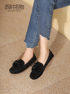 西村名物22年秋冬季新款舒适一脚蹬加绒保暖羊皮磨砂豆豆鞋女36331