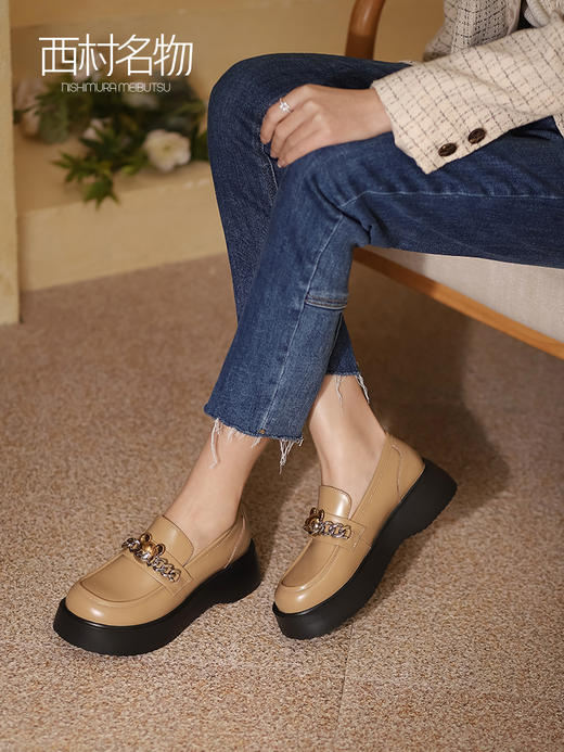 西村名物2022春季新款厚底一脚蹬乐福鞋复古舒适链条小皮鞋X22AM17181 商品图0