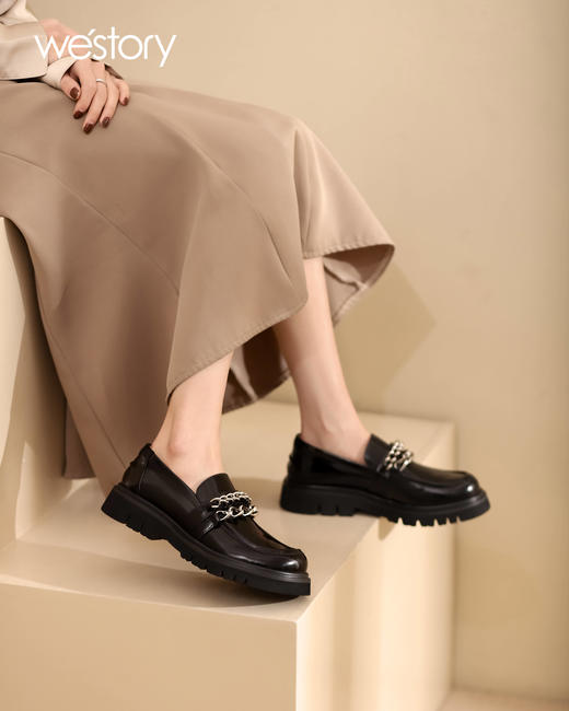westory2022年春季新款纯色金属扣质感乐福鞋一脚蹬英伦风单鞋真皮厚底W22AM53982 商品图0