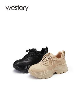 westory2022年秋冬新款厚底百搭圆头系带真皮休闲运动鞋女72931