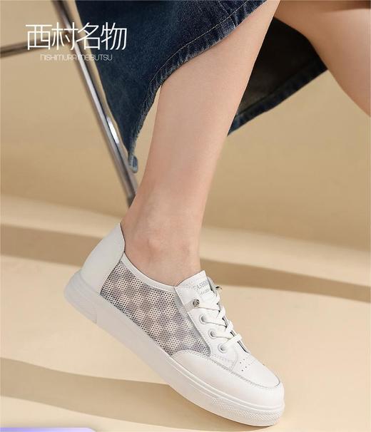 西村名物运动休闲鞋2022夏季新款真皮百搭平底鞋透气免系带小白鞋11021 商品图0
