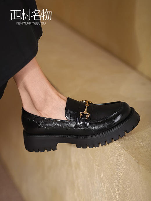 西村名物2022春季新款英伦厚底格纹小皮鞋女深口真皮乐福鞋X22AM18951 商品图0
