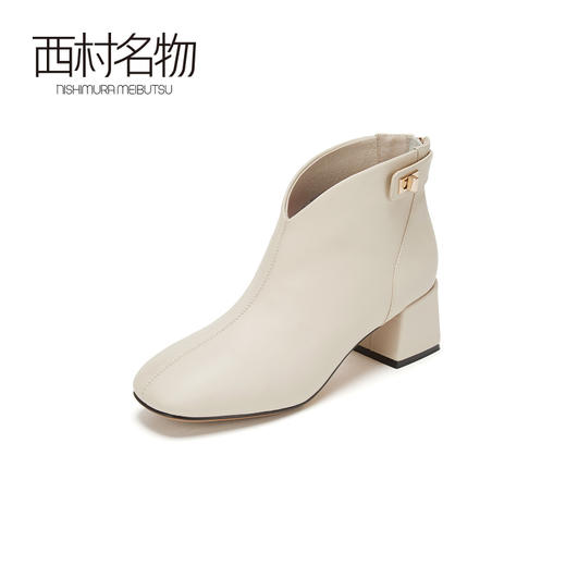 西村名物2020冬季新款气质净版拉链高跟短靴牛皮革中跟女靴X20DS40231 商品图0