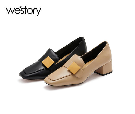 westory22年秋季新款方头粗跟金属扣百搭英伦风小皮鞋单鞋72661 商品图0