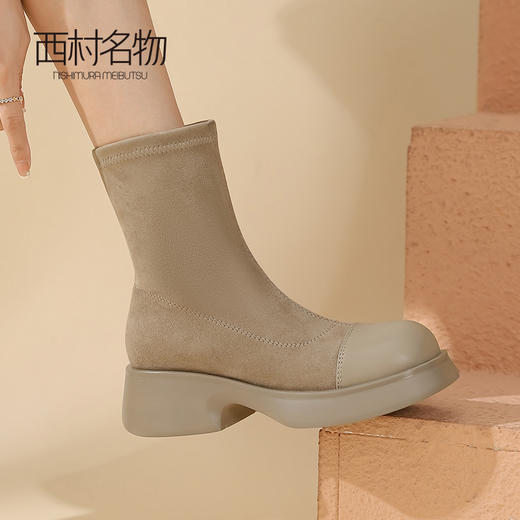 西村名物2022厚底女靴秋冬设计感短筒瘦瘦靴拼接弹力靴袜靴44801 商品图0