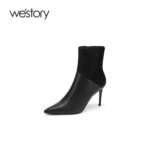 westory2021秋季新款拼接尖头高跟短靴细跟时尚复古W21DS80991 商品图0