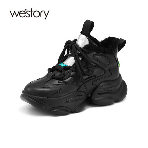 westory真皮加绒厚底拼接线条感休闲鞋高帮保暖ins潮老爹鞋女W21DS81571 商品图0
