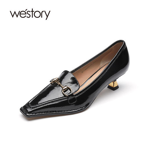 westory乐福鞋女2021春季小方头气质百搭真皮乐福鞋小猫跟单鞋女W21AM52411 商品图0