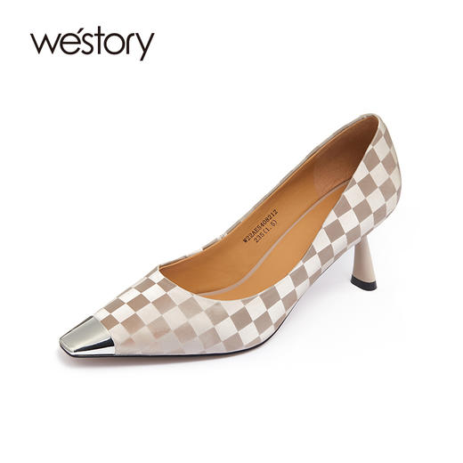westory早春细跟真皮高跟鞋棋盘格暗纹简约通勤女鞋职场ol单鞋W22AE54082 商品图0