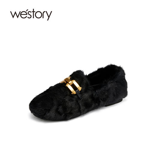 westory2021秋季新款水貂毛豆豆鞋金属扣式一脚蹬女鞋W21CM73751 商品图0
