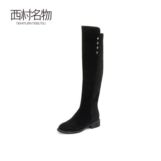 西村名物秋冬长靴女磨砂平底高筒靴增高不过膝加绒长筒靴子44471 商品图0