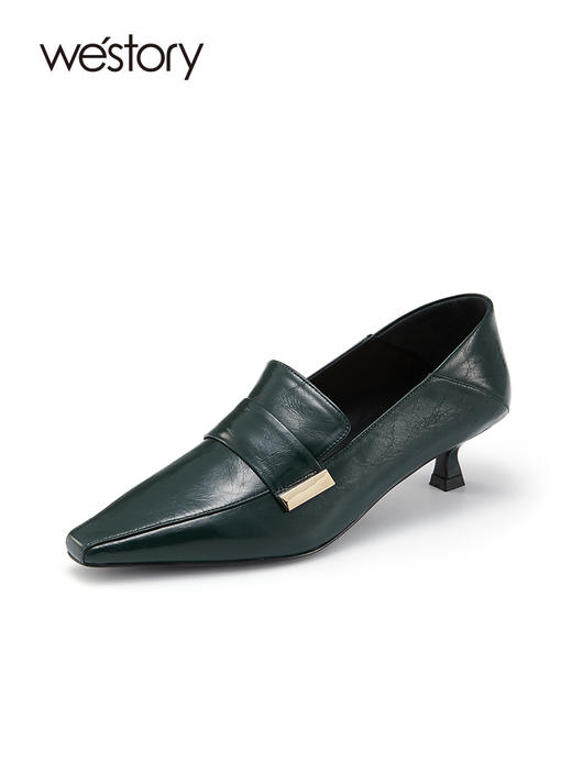 westory方头复古深口单鞋女2021新款真皮英伦风小皮鞋纯色高跟鞋W22AM53771 商品图0