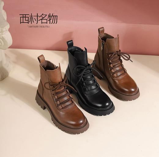 西村名物2022秋冬季新款厚底马丁靴圆头系带增高女舒适短靴44931 商品图0