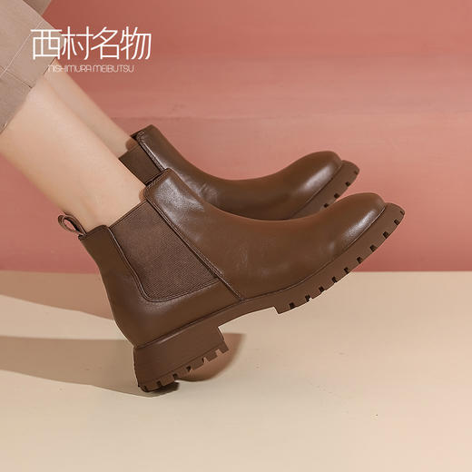 西村名物2022冬季新款切尔西女烟筒靴牛皮黑色短靴女士靴子44571 商品图0