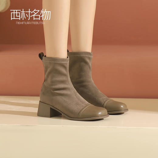 西村名物法式小短靴及踝靴女2022秋季新款简约拼接瘦瘦靴43971 商品图0
