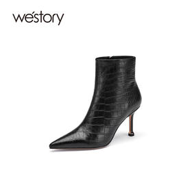 westory2021年秋季短靴女新款尖头高跟石头纹复古靴子W21DS80911