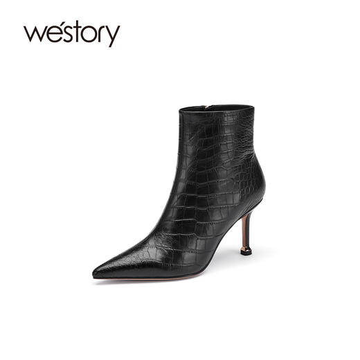 westory2021年秋季短靴女新款尖头高跟石头纹复古靴子W21DS80911 商品图0