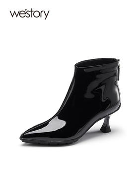 westory2022年新款尖头细高跟时髦瘦瘦靴真皮亮面时装靴82011