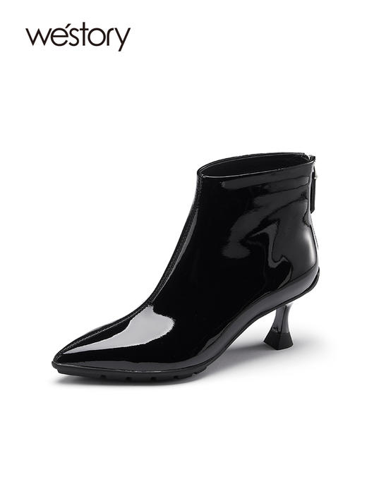 westory2022年新款尖头细高跟时髦瘦瘦靴真皮亮面时装靴82011 商品图0