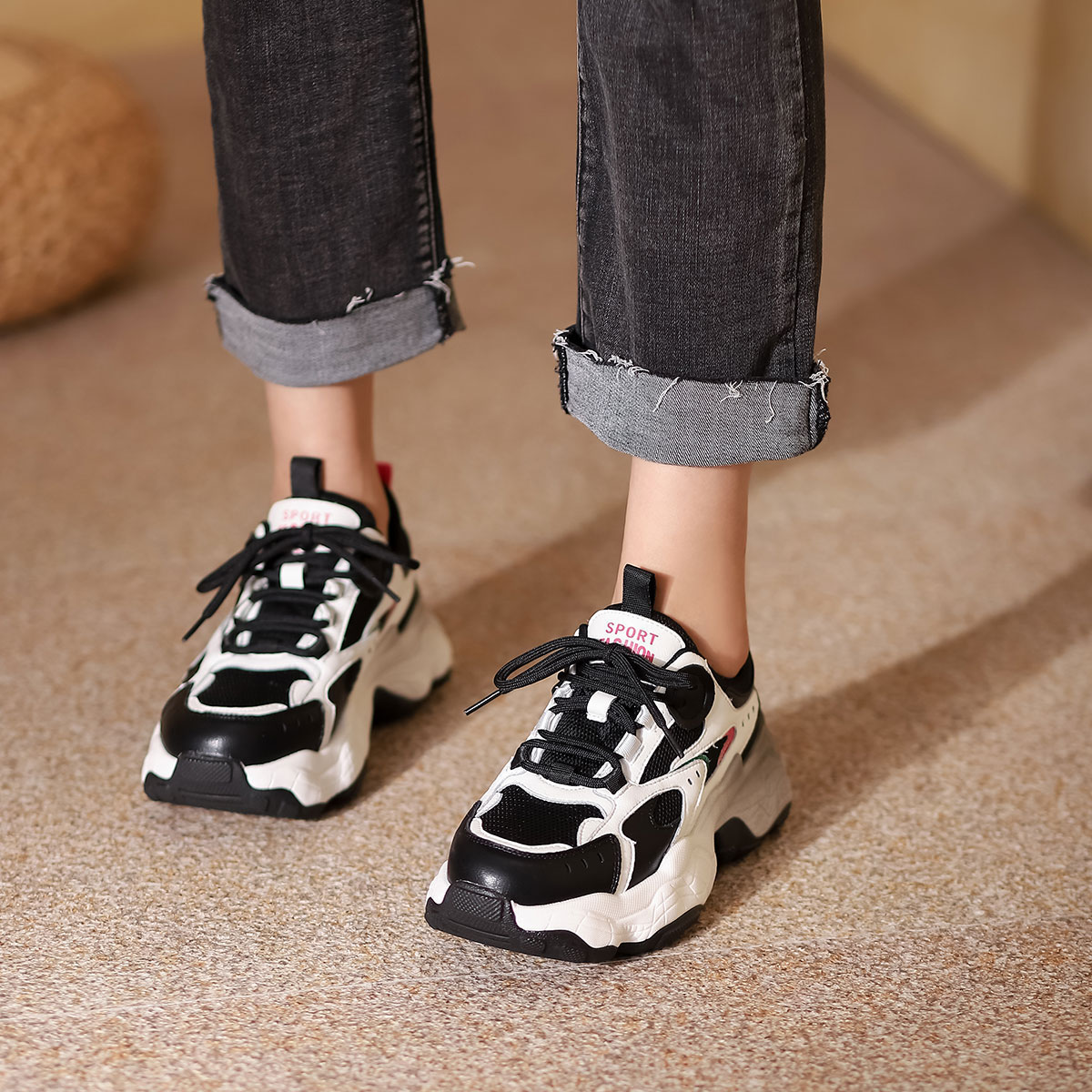 西村名物2021秋冬ins潮撞色老爹鞋透气运动休闲鞋厚底显高女鞋T22AM16671