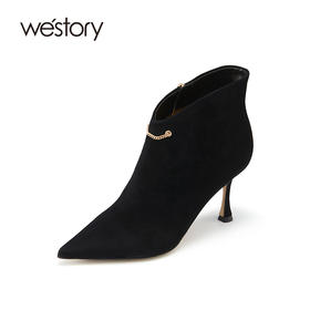 westory2021秋冬新款尖头羊皮绒高跟短靴复古法式风W21DS80891