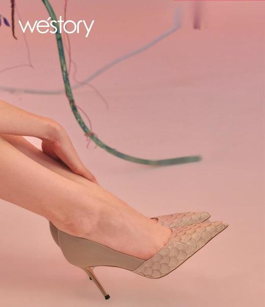 westory蛇皮宴会高跟鞋22年春季新款优雅尖头细跟单鞋女浅口W22AE54531 商品图0