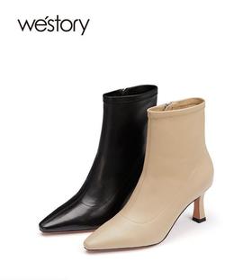 westory高级感真皮细高跟侧拉链短靴瘦瘦靴22年秋冬新款女82401