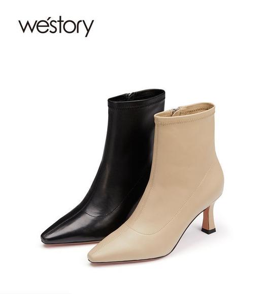 westory高级感真皮细高跟侧拉链短靴瘦瘦靴22年秋冬新款女82401 商品图0