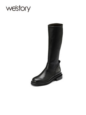 westory2022年秋冬新款黑色长靴小个子平底显瘦骑士靴女81831