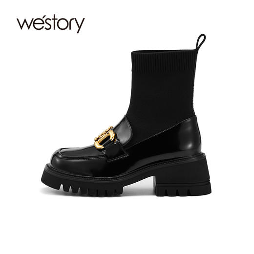 westory英伦风袜靴加绒冬季新款瘦瘦靴短靴真皮弹力靴粗厚底显高81581 商品图0