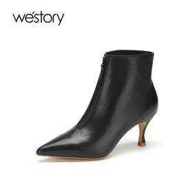 westory2020冬季新款高跟中筒鞋女百搭 时尚时装靴真皮W20DS80271