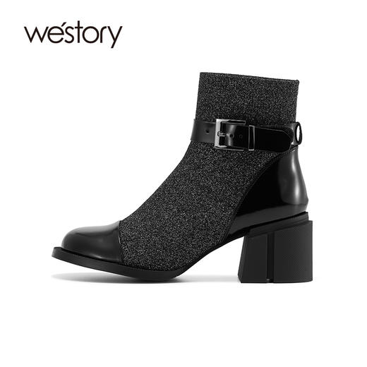 westory秋冬粗跟短靴圆头拼接扣带复古时装靴女靴袜靴黑色W21DS81511 商品图1