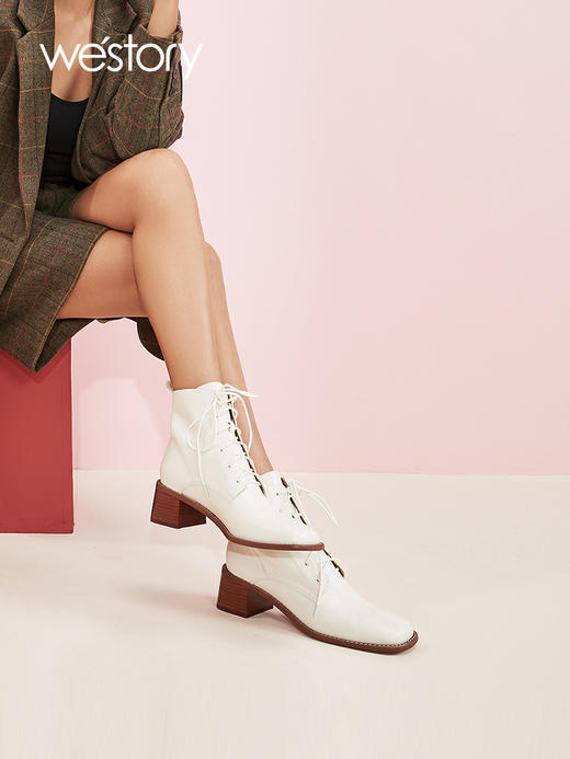 westory秋季新款女英伦风真皮高帮马丁靴时尚短靴女W20DS80001 商品图0