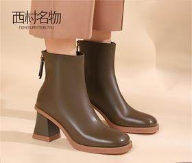 西村名物2022冬新款法式高跟气质粗高跟芒果头通勤女短靴44911