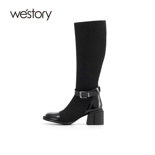 westory2021秋新款长筒袜靴高跟瘦瘦靴弹力时装不过膝拼接长靴女W21DQ81521 商品图0