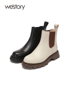 westory2022新款秋冬撞色拼接松紧低跟切尔西靴女英伦短靴82451