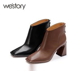 westory秋冬新款方头中缝线纯色粗高跟时装短靴小众82361