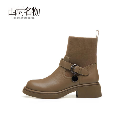 西村名物时装靴女2022秋冬商场新款英伦牛皮通勤百搭中靴44131 商品图0