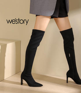 westory22年秋冬新款长筒厚底弹力瘦瘦靴套筒黑色百搭82611