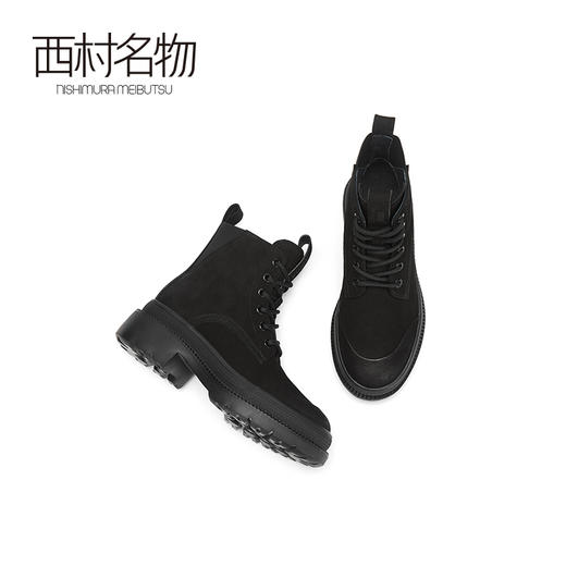 西村名物冬季新款女靴牛皮革系带平底圆头时尚马丁靴41701 商品图0