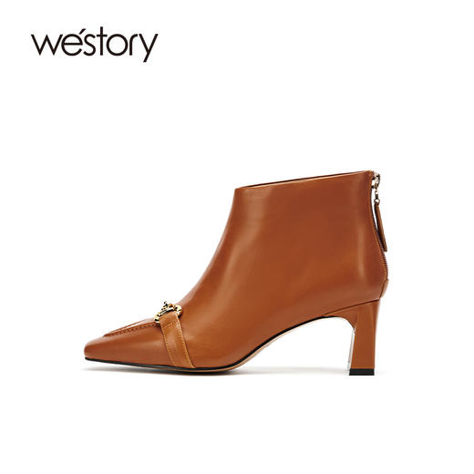 westory2021秋季新款英伦风小方头短靴金属扣质感女靴W21DS80691 商品图0