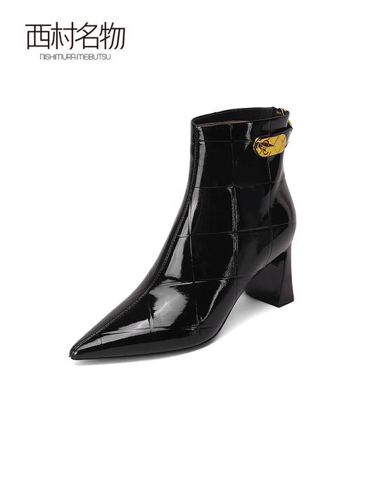 西村名物2021冬季新款女鞋漆皮短靴女高跟细跟真皮女及踝靴T21DS44971 商品图0
