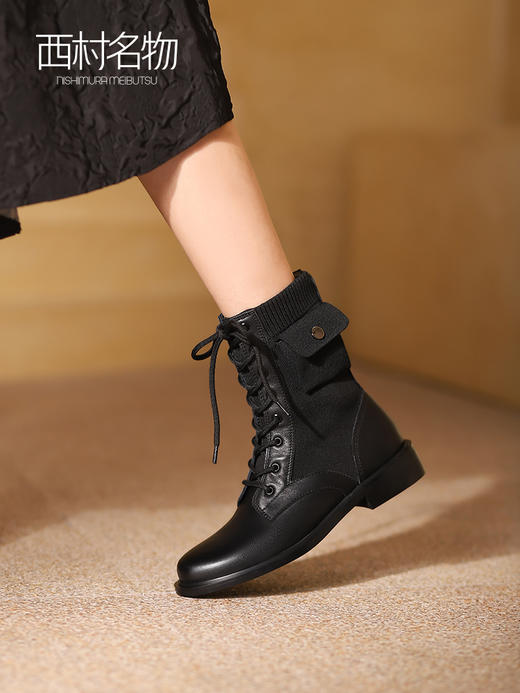 西村名物2021秋冬新款简约瘦瘦靴方跟圆头弹力袜靴女短靴X21DS46001 商品图0