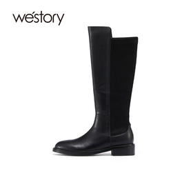 westory2021秋季新款长靴拼接朋克风黑色时装靴W21DQ81151