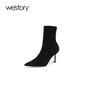 westory2021年秋季短靴女新款单靴尖头细高跟靴欧美风W21DS80851