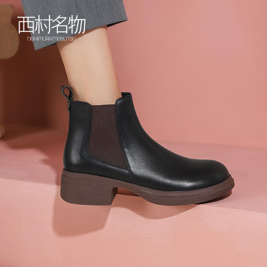 西村名物女切尔西靴2022秋新款软底软面真皮短靴复古英伦风44601（加绒款） 商品图0