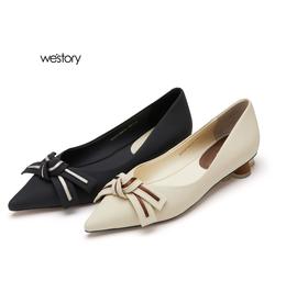 Westory22年早秋新款蝴蝶结尖头浅口低跟平底单鞋奶奶鞋72061