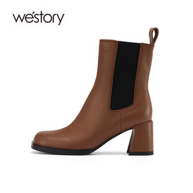 westory2021秋季新品粗高跟切尔西短靴方头女靴W21DS81411